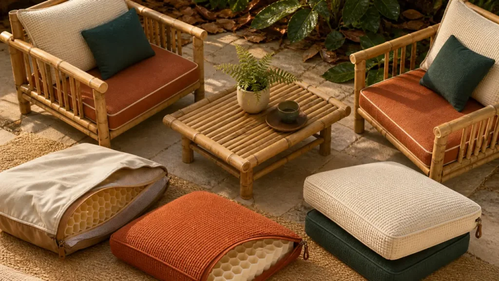 Salon de jardin bambou sur terrasse, avec housse de protection