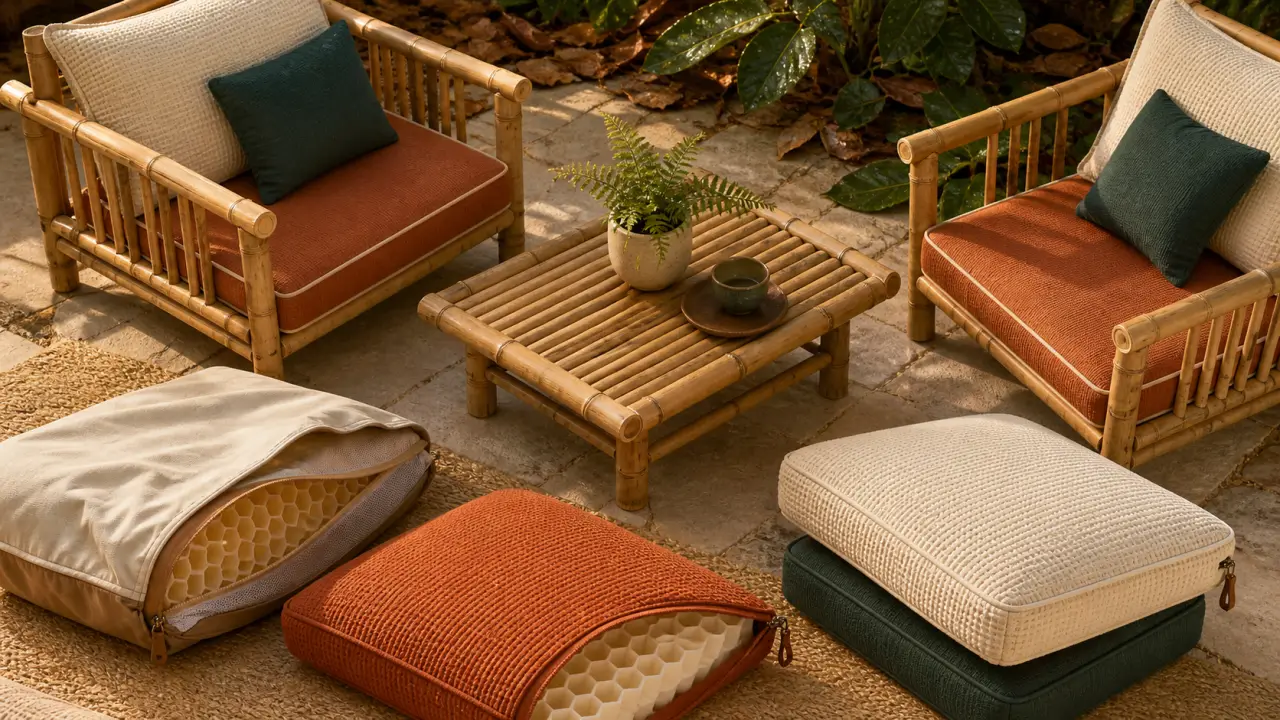 Salon de jardin bambou sur terrasse, avec housse de protection