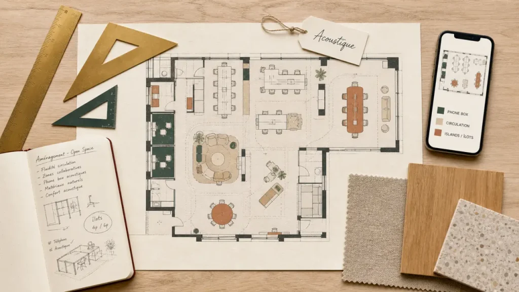 Aménager un open space : 11 m² par personne, circulation fluide et bruit maîtrisé