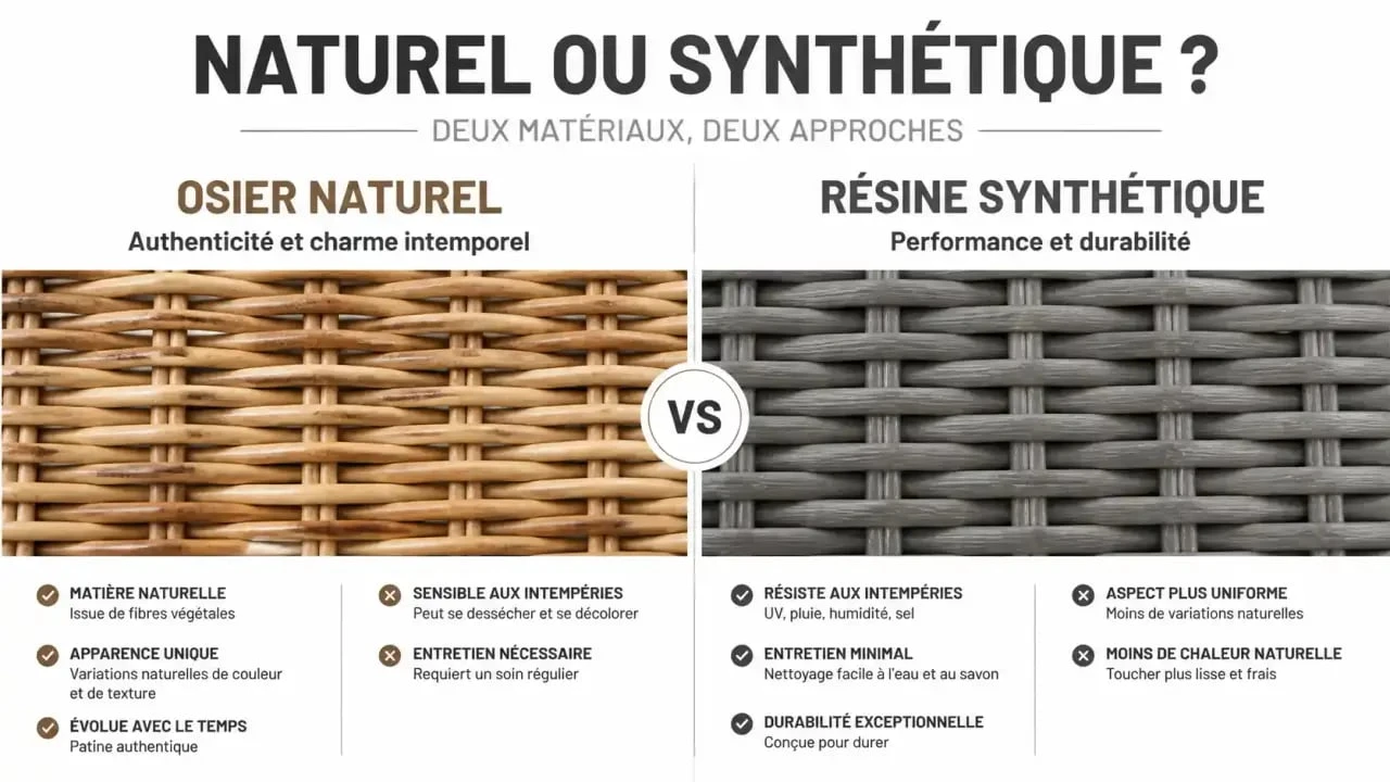 Comparaison entre l'osier naturel et la résine tressée pour salon de jardin osier