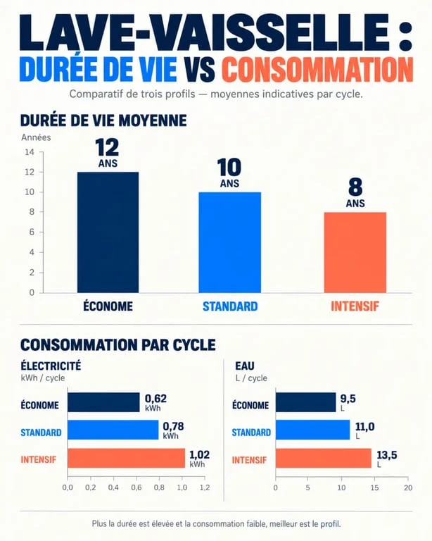 Infographie comparant durée de vie et consommation des marques pour choisir quelle marque de lave-vaisselle acheter