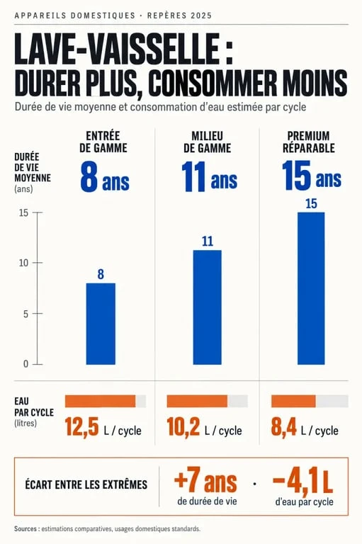 Infographie comparant durée de vie et consommation des marques pour choisir quelle marque de lave-vaisselle acheter