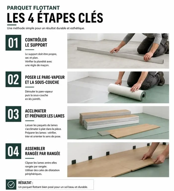 Pose de parquet flottant en quatre étapes, de la préparation du support à l’assemblage des lames
