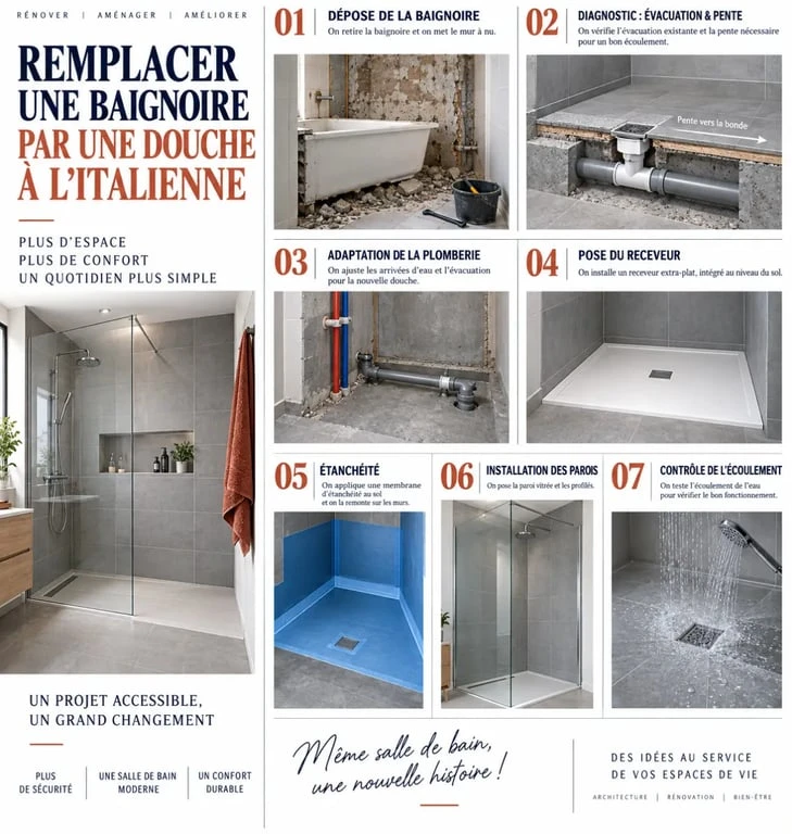 Étapes pour remplacer une baignoire par une douche italienne, de la dépose à l’étanchéité