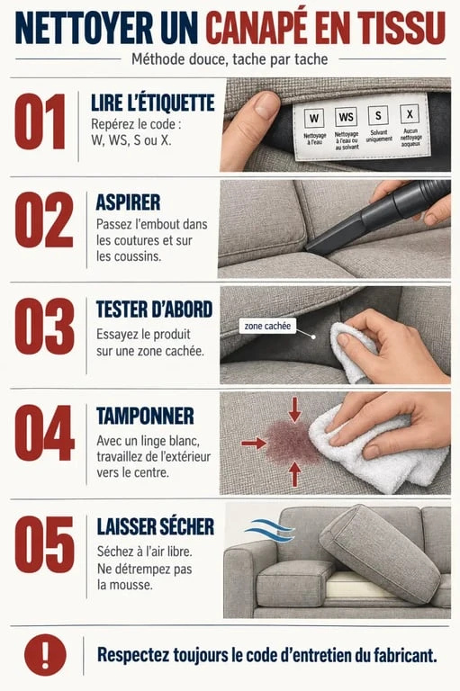 Étapes illustrées pour nettoyer un canapé en tissu sans créer d’auréoles