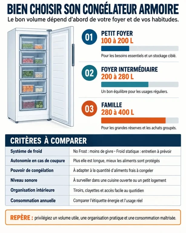 Infographie du comparatif congélateur armoire selon la capacité, la technologie de froid et les critères techniques