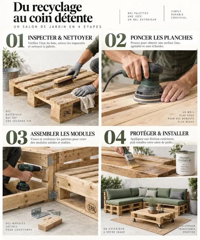 Étapes de fabrication d’un salon de jardin palette, du ponçage à la finition