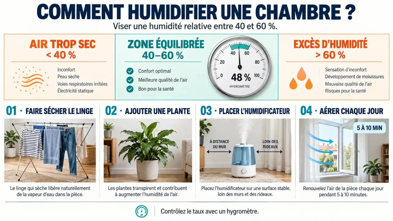 Infographie sur comment humidifier une chambre et maintenir un taux d'humidité entre 40 et 60 %