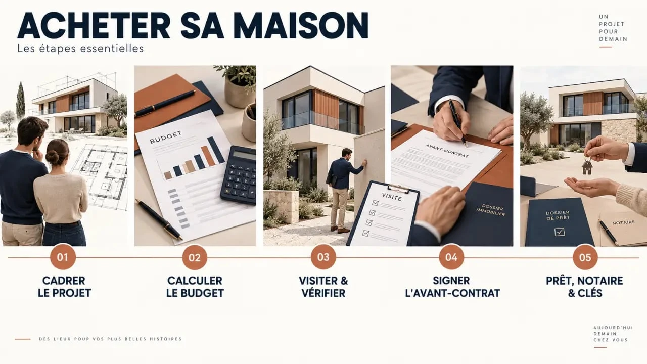 Infographie des étapes achat maison, de la définition du projet à la remise des clés