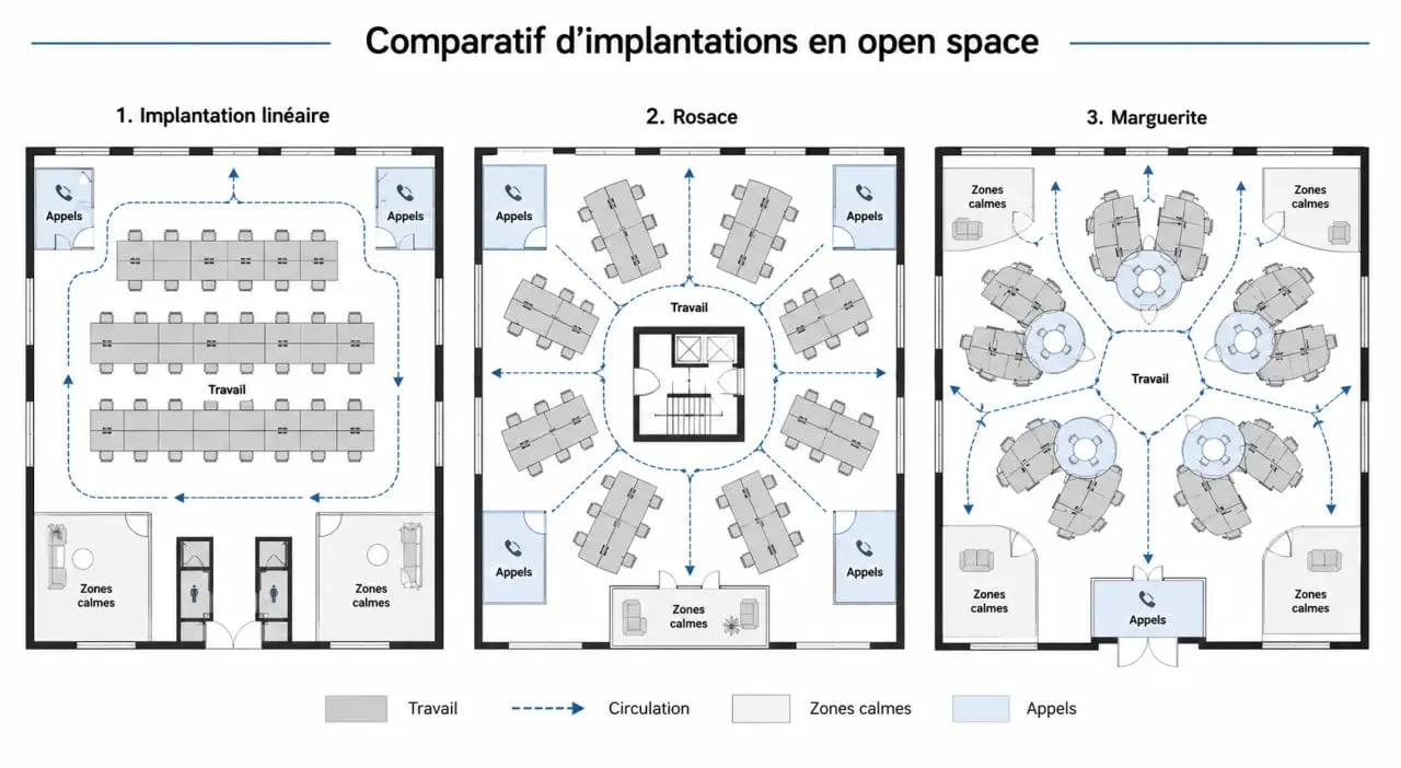 Aménager un open space : comparaison visuelle des configurations linéaire, rosace et marguerite