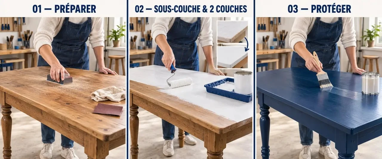 Étapes pour peindre une table en bois : ponçage, peinture et finition protectrice