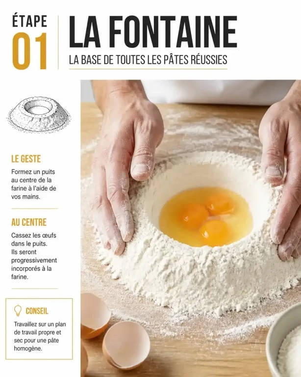 Préparation de la recette pour pâtes fraiches : technique de la fontaine