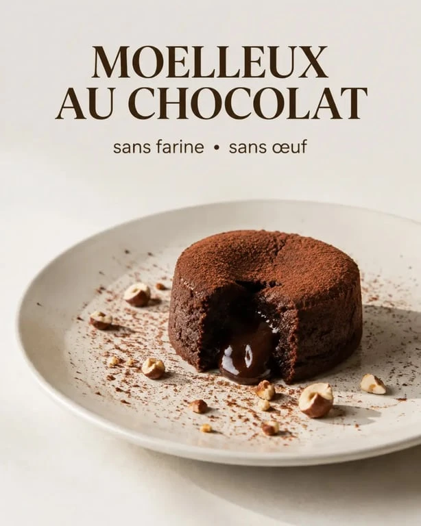 Gâteau sans farine et sans oeuf au chocolat fondant, présenté sur une assiette élégante