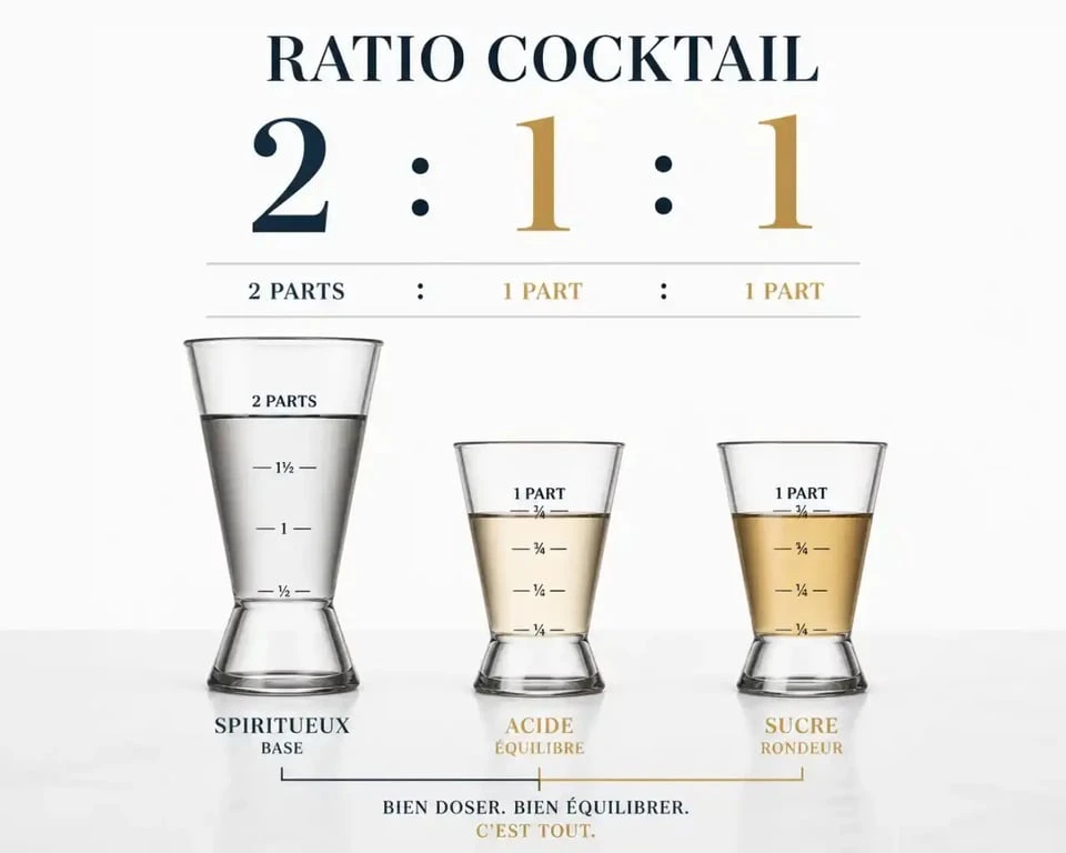 Schéma du ratio 2:1:1 pour faire un cocktail facile à la maison