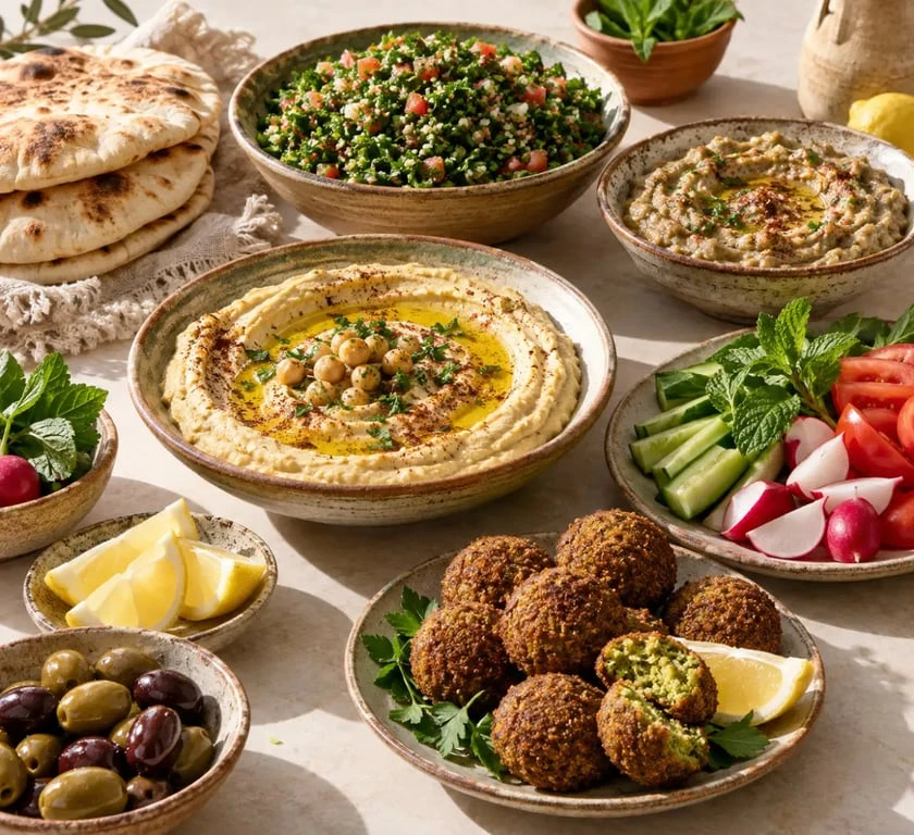 Cuisine libanaise recette : assortiment de mezze avec houmous, taboulé et falafels