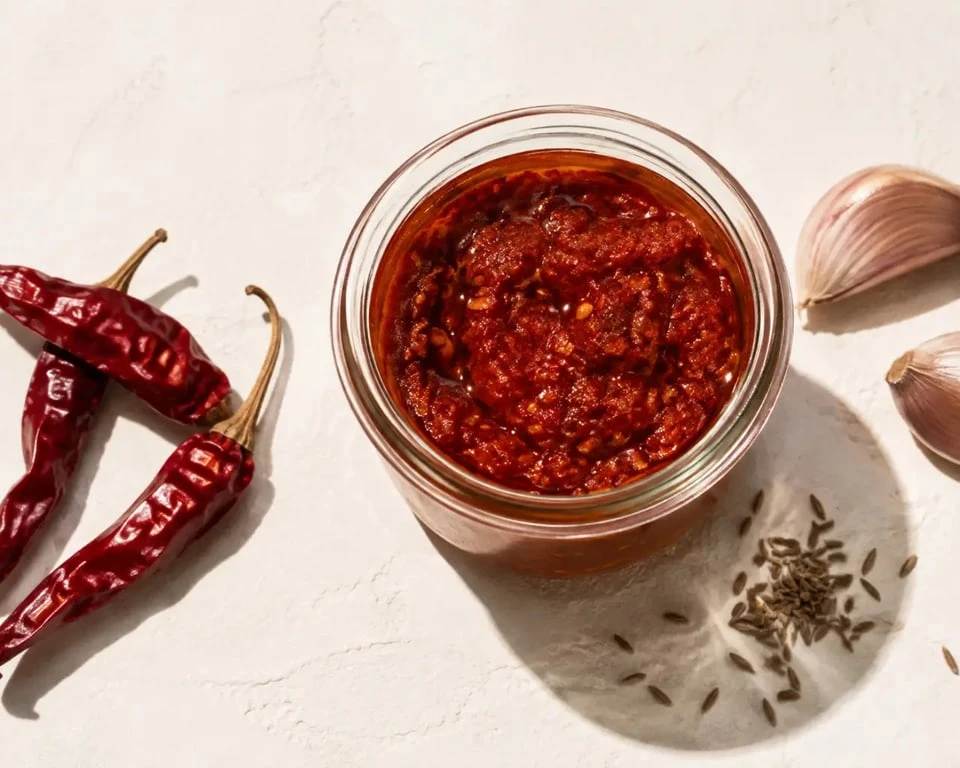 Recette harissa maison dans un bocal avec piments rouges, ail et épices