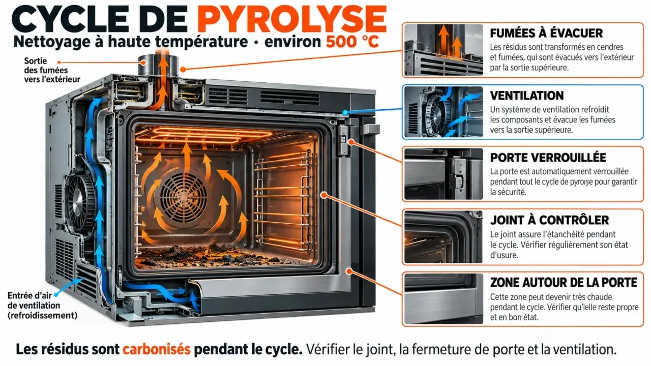 Schéma des dangers et précautions de la pyrolyse d'un four