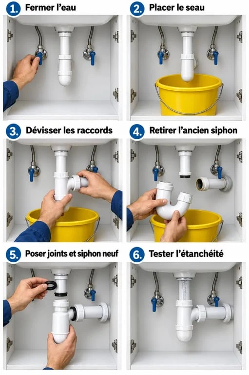 Changer siphon lavabo : illustration des étapes de démontage et de remontage