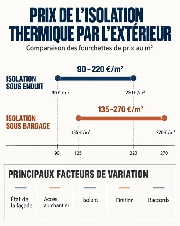 Infographie sur le prix de l’isolation extérieure selon la finition et les contraintes du chantier