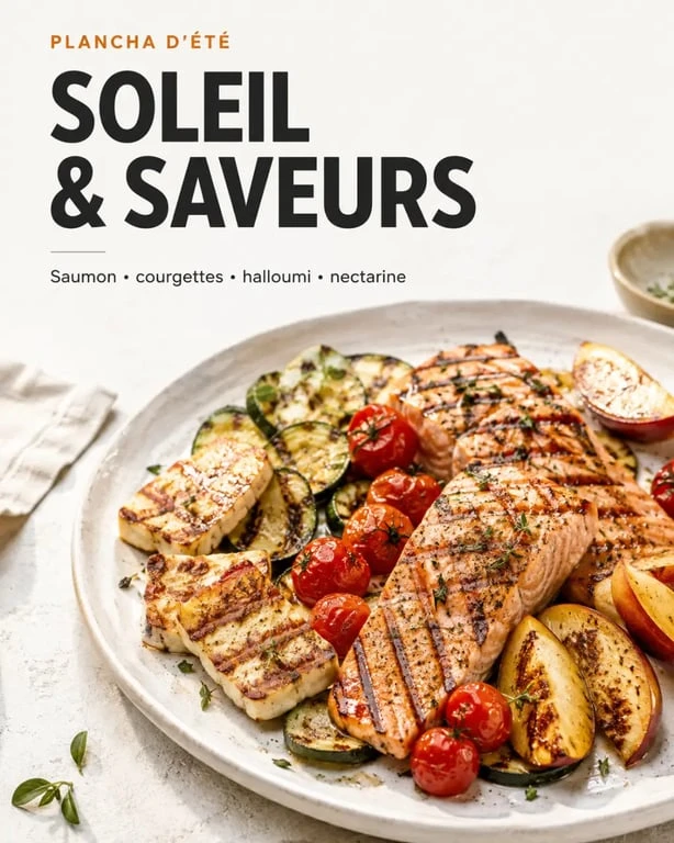 Recette plancha de saumon, légumes grillés, halloumi et nectarines dans une assiette dressée