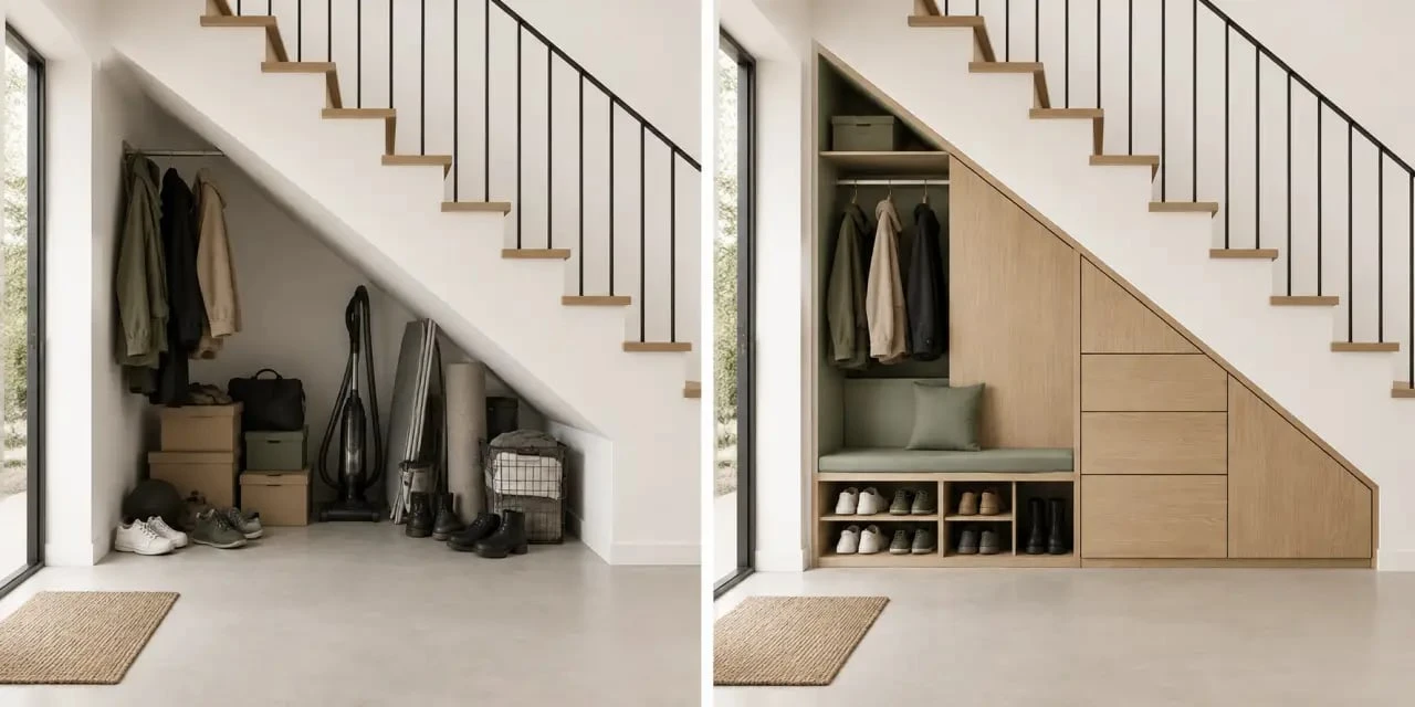 Avant-après d’un rangement sous escalier aménagé dans une entrée