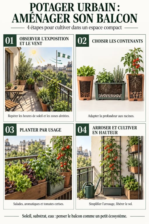 Aménagement d’un potager urbain sur un balcon avec contenants, aromatiques, salades et tomates cerises