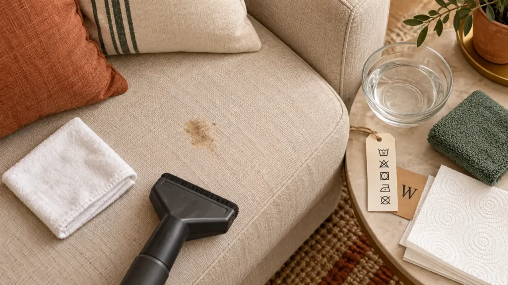 Nettoyer canapé tissu sans auréoles : chiffon, eau froide, étiquette W et aspirateur