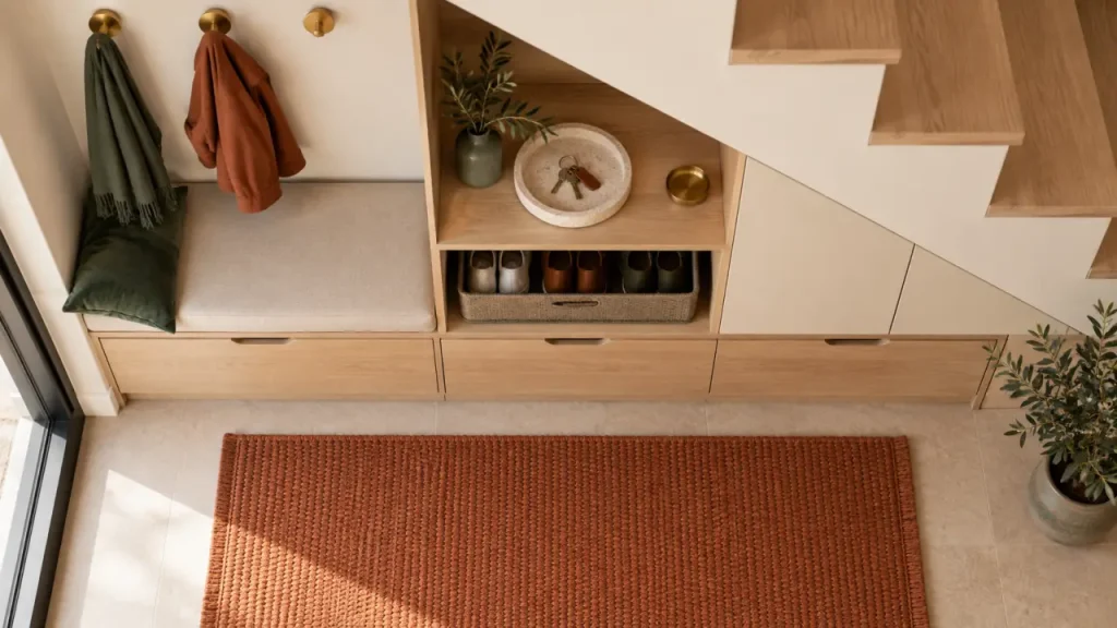 Rangement sous escalier : meuble sur mesure avec tiroirs et niche à chaussures