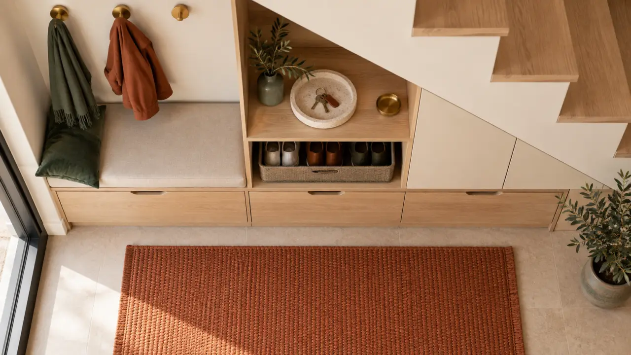 Rangement sous escalier : meuble sur mesure avec tiroirs et niche à chaussures