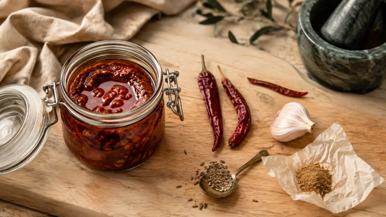 Recette harissa maison : bocal de harissa rouge et piments, pâte piquante