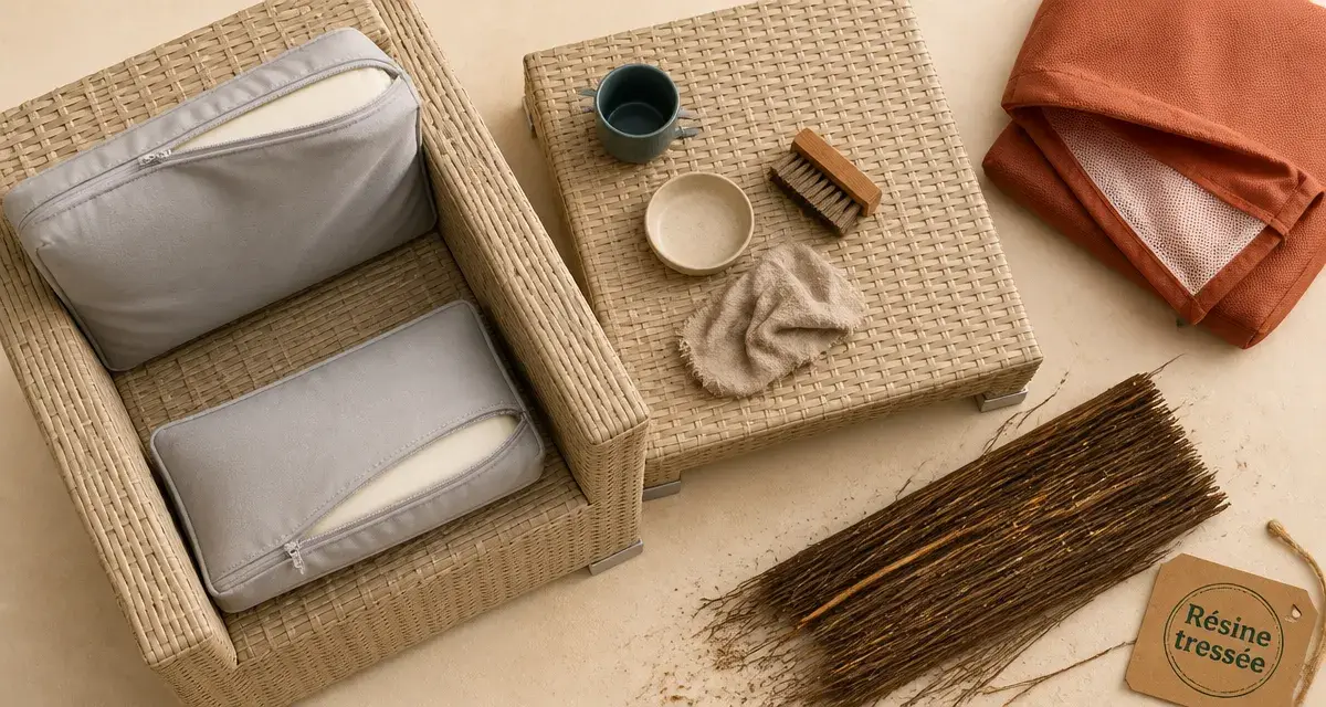 Salon de jardin osier : résine tressée beige et housse de protection anti-intempéries
