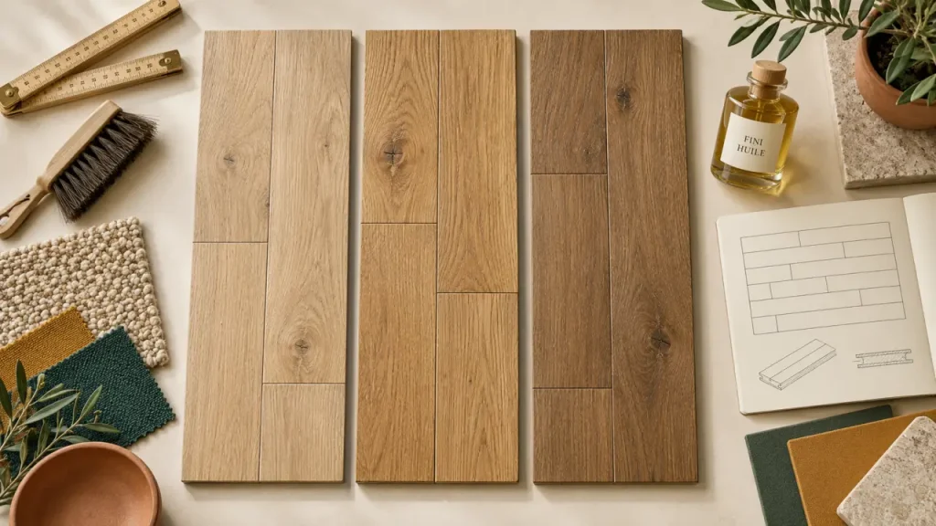 Déco parquet : échantillons chêne clair et huilé, finitions vitrifiées
