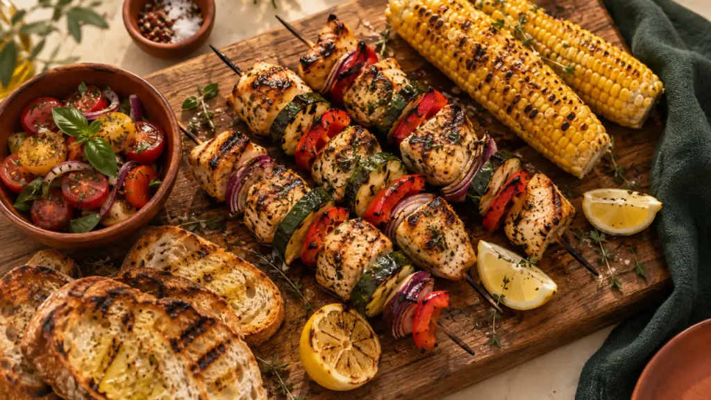 Idee barbecue : brochettes de poulet citron-herbes grillées sur braises, légumes