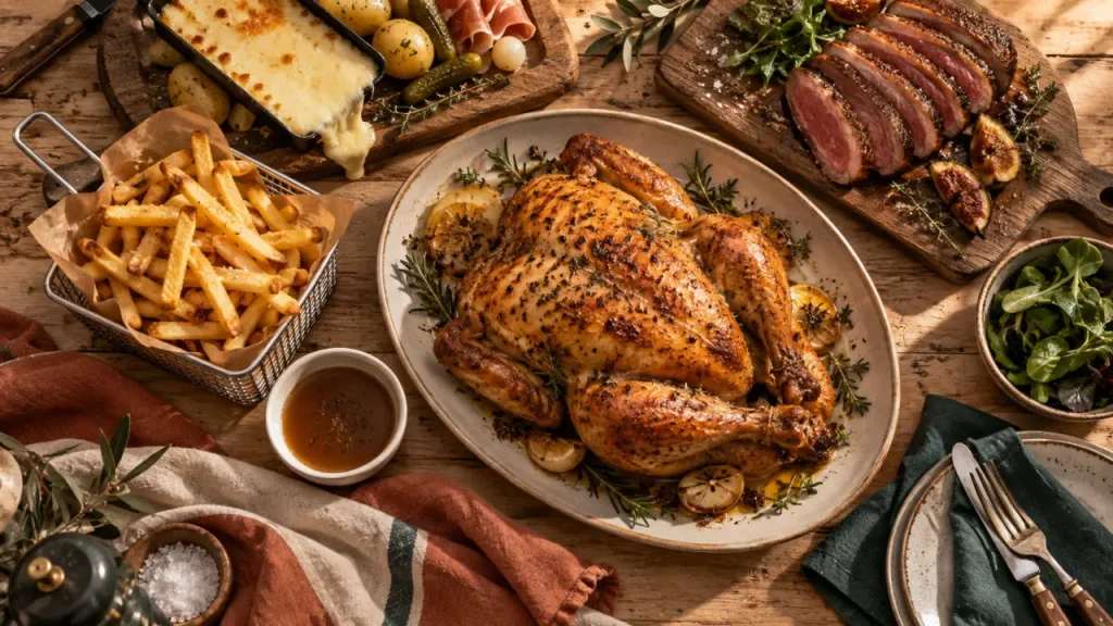 Le plat preferer des francais : poulet rôti et frites, magret de canard
