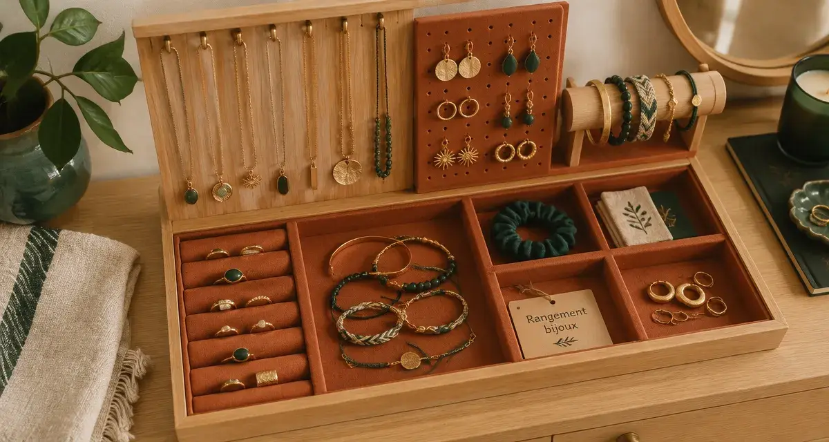 Rangement bijoux : boîte compartimentée sur coiffeuse, vue à plat