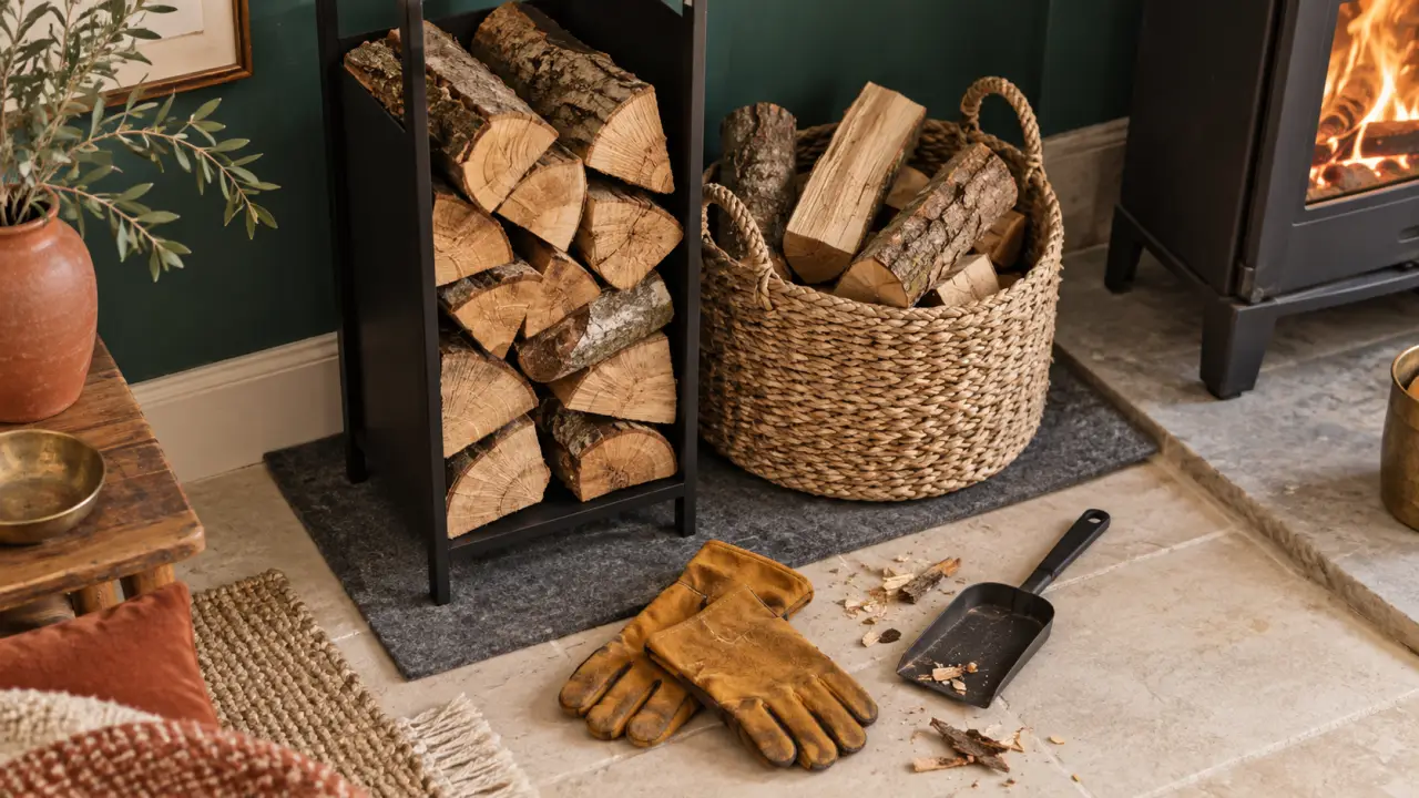 Rangement bois intérieur : range-bûches métal noir et panier fibres