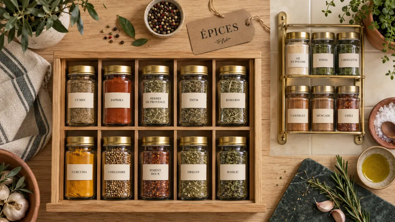 Rangement epices : bocaux en verre et étiquettes visibles