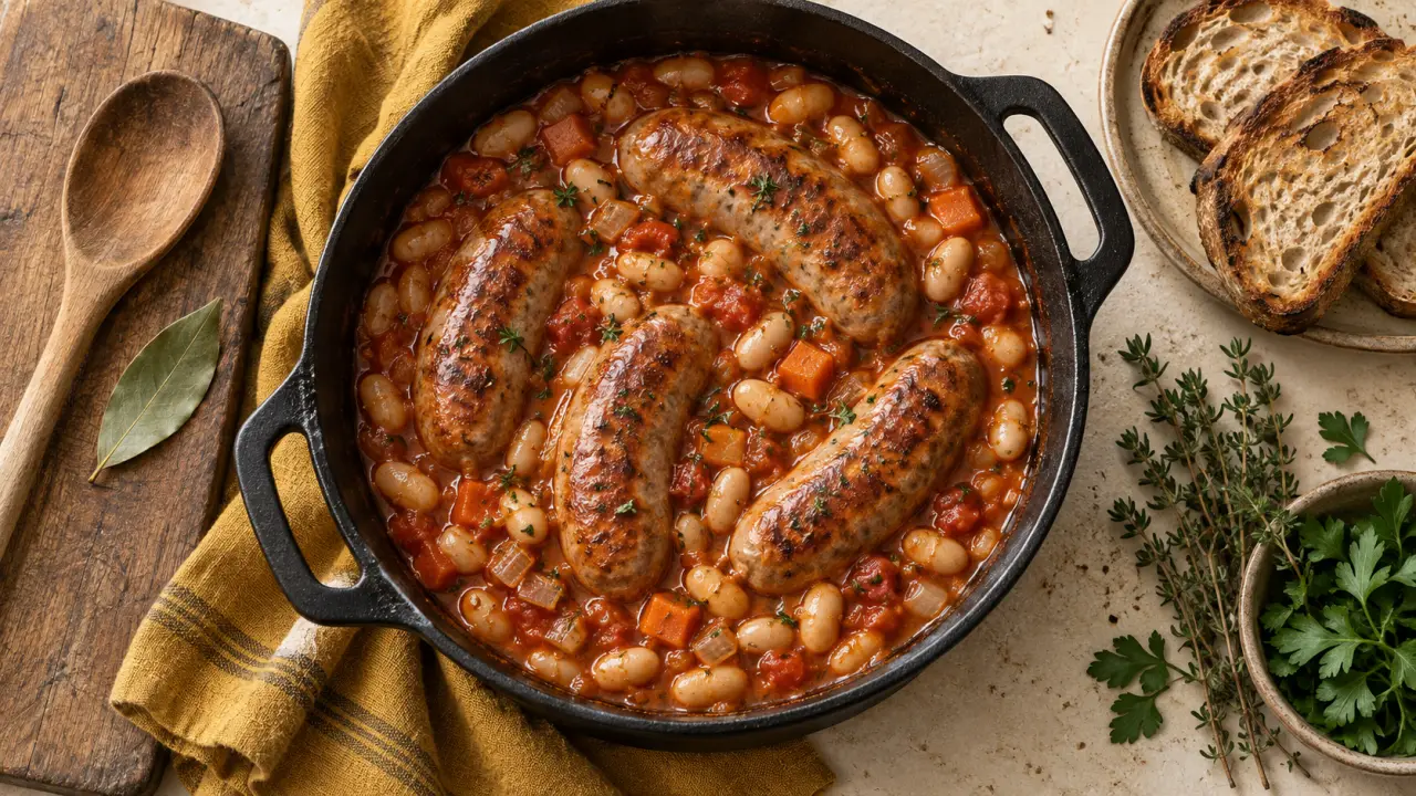Recette avec saucisse de Toulouse mijoté aux haricots blancs en cocotte