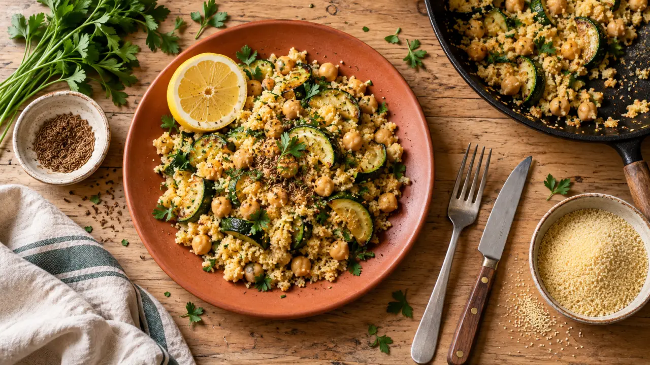 Recette midi : poêlée express semoule pois chiches courgettes au cumin