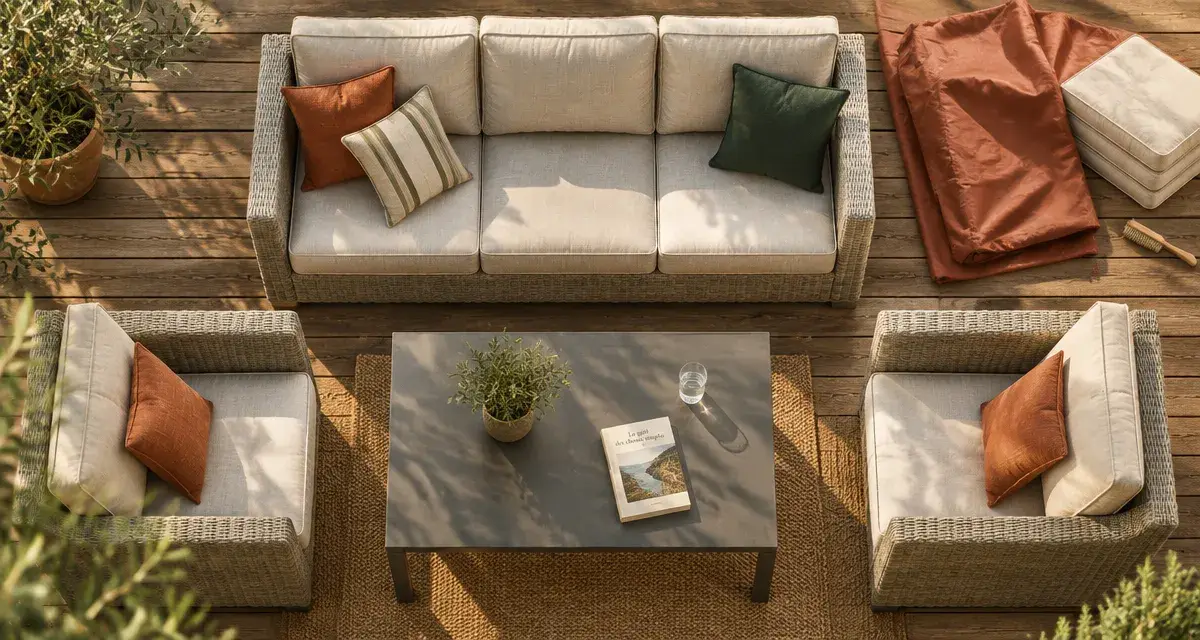 Salon de jardin canape sur terrasse en bois, coussins et table basse