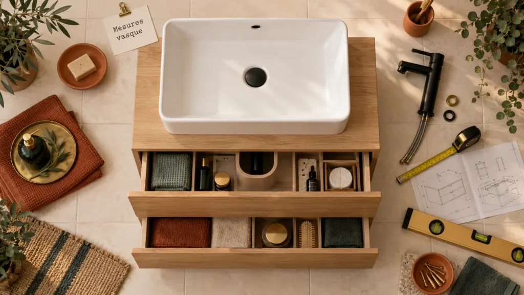 Vasque et meuble salle de bain sur sol crème, chêne clair, installation et mesures.